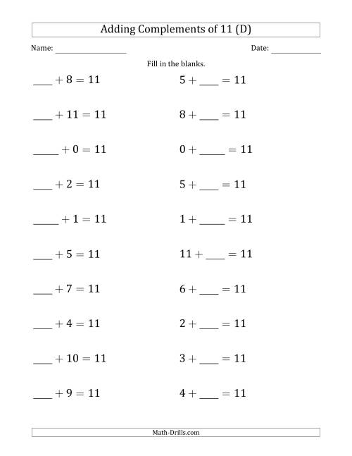 The Adding Complements of 11 (Blanks in First Then Second Position) (D) Math Worksheet