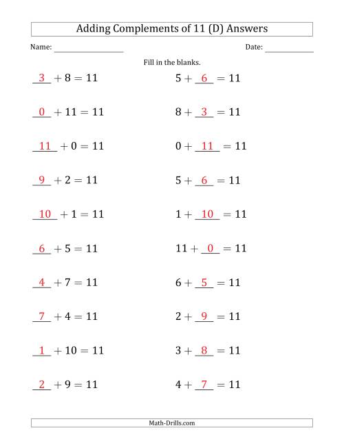 The Adding Complements of 11 (Blanks in First Then Second Position) (D) Math Worksheet Page 2