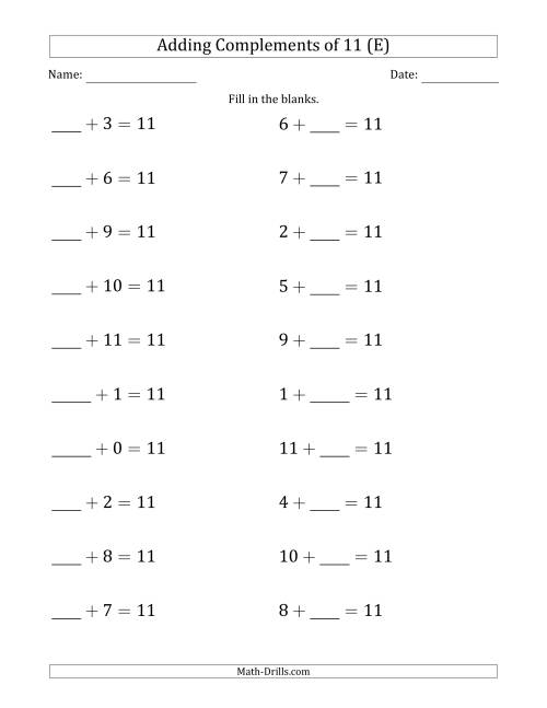 The Adding Complements of 11 (Blanks in First Then Second Position) (E) Math Worksheet