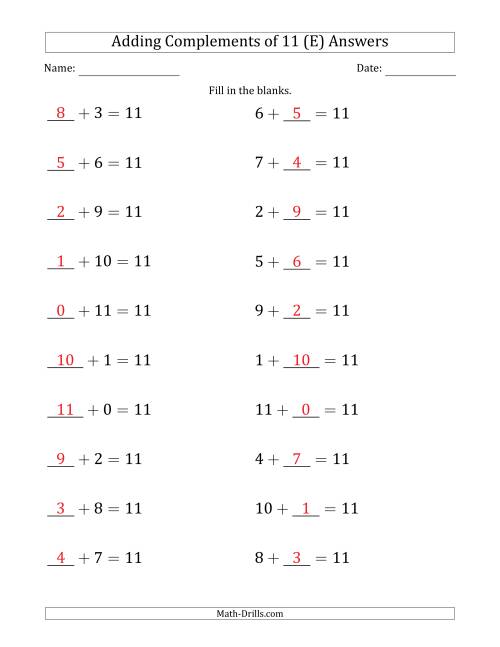 The Adding Complements of 11 (Blanks in First Then Second Position) (E) Math Worksheet Page 2