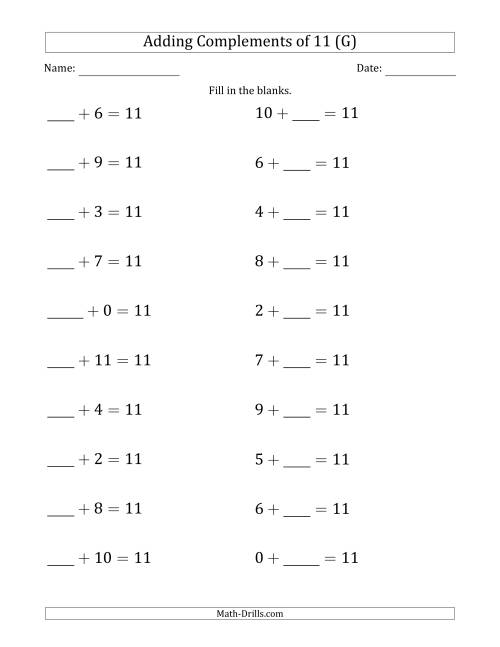 The Adding Complements of 11 (Blanks in First Then Second Position) (G) Math Worksheet