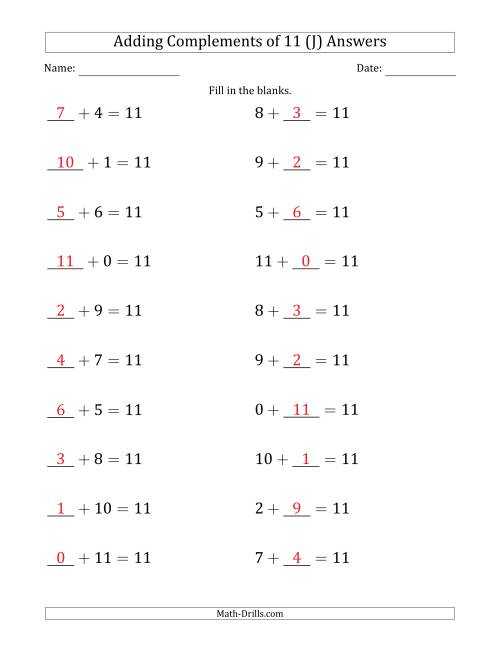 The Adding Complements of 11 (Blanks in First Then Second Position) (J) Math Worksheet Page 2