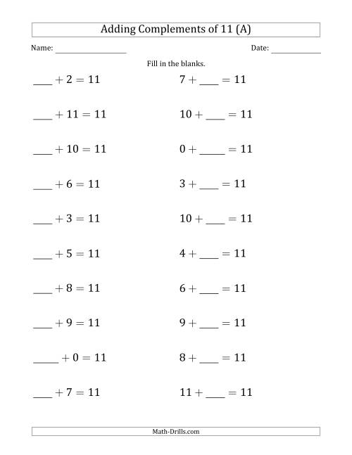 The Adding Complements of 11 (Blanks in First Then Second Position) (All) Math Worksheet