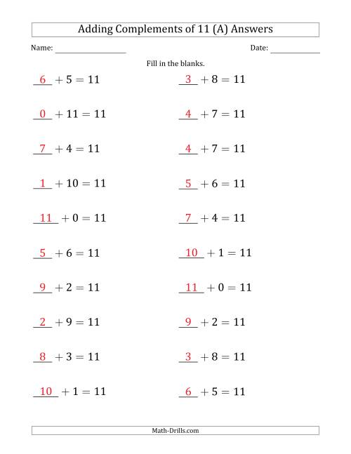 The Adding Complements of 11 (Blanks in First Position Only) (A) Math Worksheet Page 2