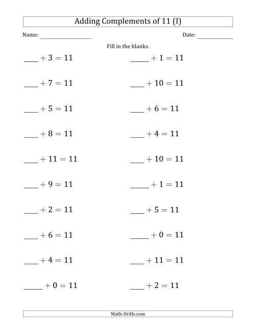 The Adding Complements of 11 (Blanks in First Position Only) (I) Math Worksheet