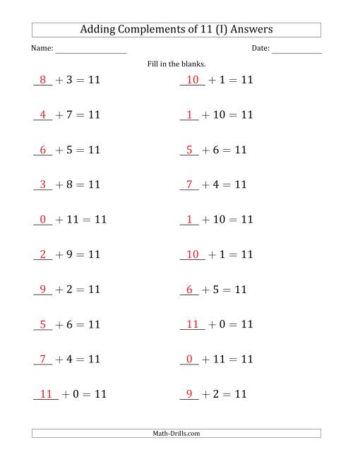 The Adding Complements of 11 (Blanks in First Position Only) (I) Math Worksheet Page 2