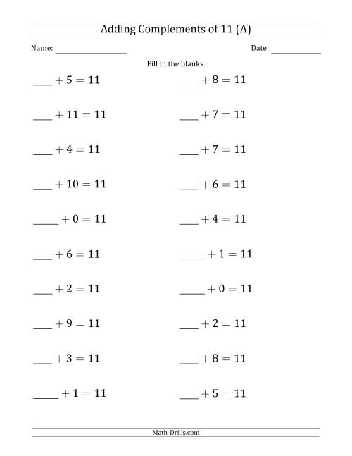 The Adding Complements of 11 (Blanks in First Position Only) (All) Math Worksheet