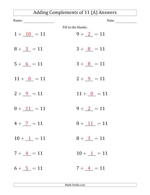The Adding Complements of 11 (Blanks in Second Position Only) (A) Math Worksheet Page 2