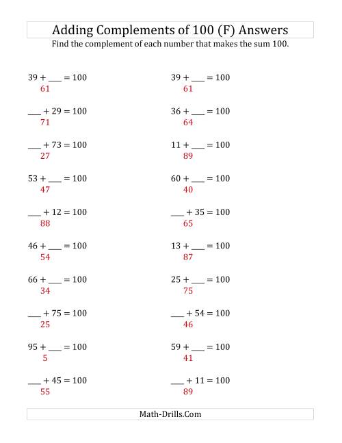The Adding Complements of 100 (F) Math Worksheet Page 2
