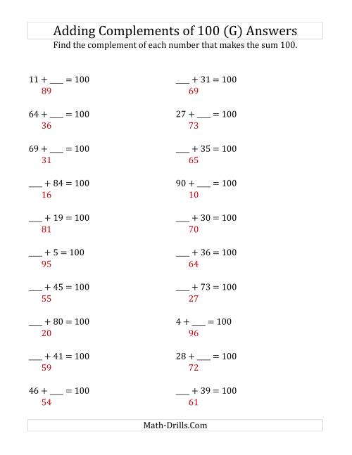 The Adding Complements of 100 (G) Math Worksheet Page 2