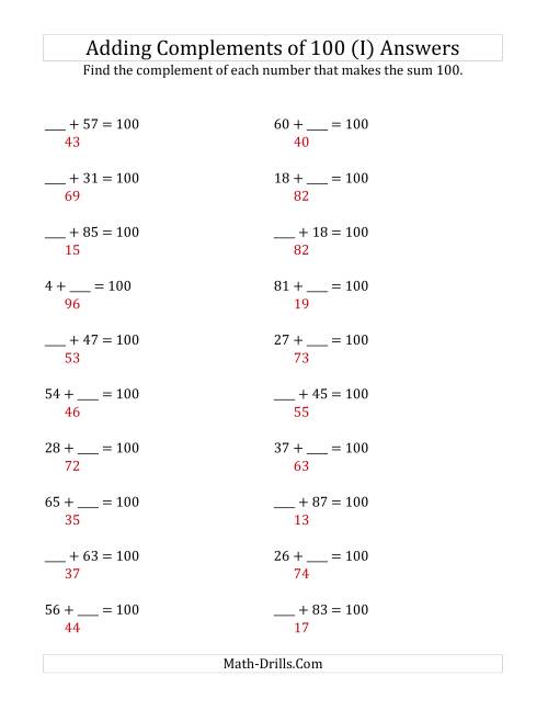 The Adding Complements of 100 (I) Math Worksheet Page 2