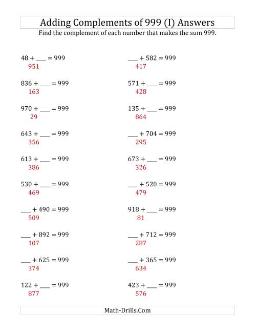 The Adding Complements of 999 (I) Math Worksheet Page 2