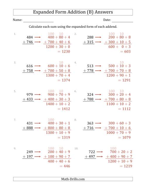 The 3-Digit Expanded Form Addition (B) Math Worksheet Page 2