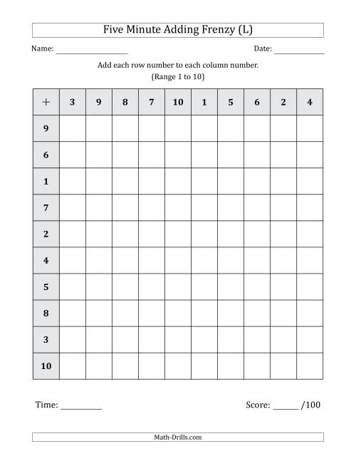 The Five Minute Adding Frenzy (Addend Range 1 to 10) (L) Math Worksheet