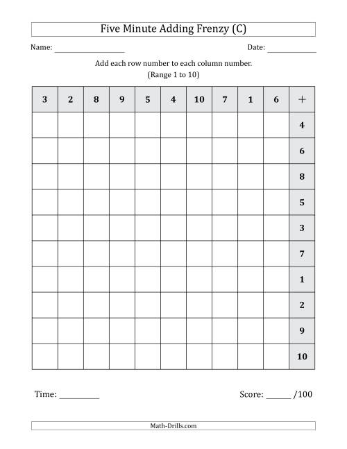 The Five Minute Adding Frenzy (Addend Range 1 to 10) (Left-Handed) (C) Math Worksheet
