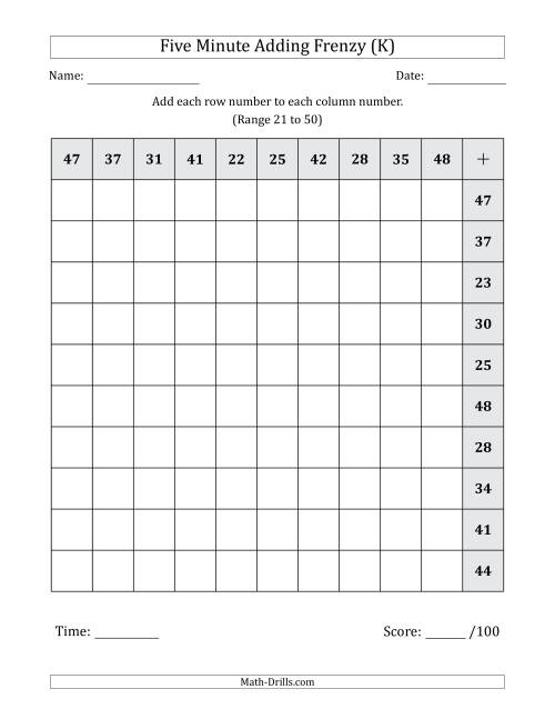 The Five Minute Adding Frenzy (Addend Range 21 to 50) (Left-Handed) (K) Math Worksheet