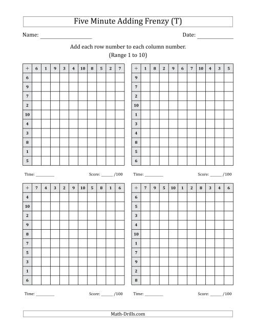 The Five Minute Adding Frenzy (Addend Range 1 to 10) (4 Charts) (T) Math Worksheet