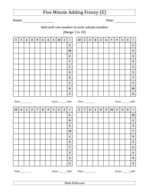 The Five Minute Adding Frenzy (Addend Range 1 to 10) (4 Charts) (Left-Handed) (E) Math Worksheet