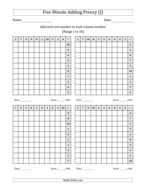 The Five Minute Adding Frenzy (Addend Range 1 to 10) (4 Charts) (Left-Handed) (J) Math Worksheet