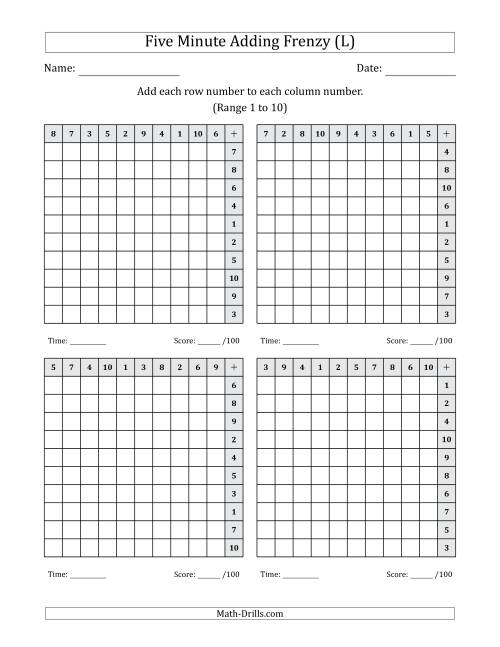 The Five Minute Adding Frenzy (Addend Range 1 to 10) (4 Charts) (Left-Handed) (L) Math Worksheet