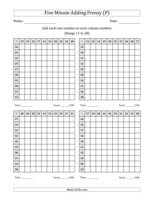 The Five Minute Adding Frenzy (Addend Range 11 to 20) (4 Charts) (P) Math Worksheet