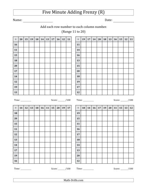 The Five Minute Adding Frenzy (Addend Range 11 to 20) (4 Charts) (R) Math Worksheet