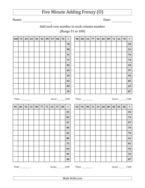 The Five Minute Adding Frenzy (Addend Range 51 to 100) (4 Charts) (Left-Handed) (O) Math Worksheet