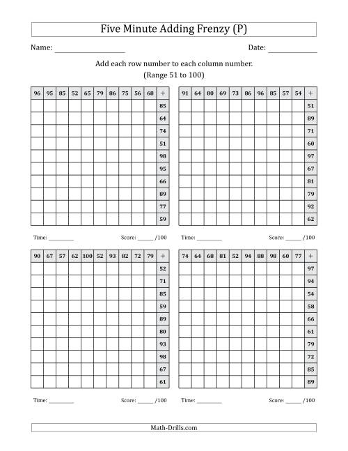 The Five Minute Adding Frenzy (Addend Range 51 to 100) (4 Charts) (Left-Handed) (P) Math Worksheet