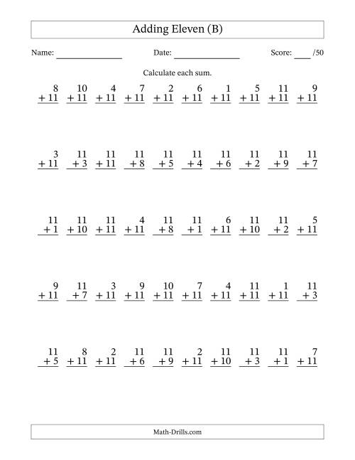 The Adding Eleven With The Other Addend From 1 to 11 – 50 Questions (B) Math Worksheet