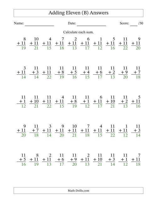 The Adding Eleven With The Other Addend From 1 to 11 – 50 Questions (B) Math Worksheet Page 2