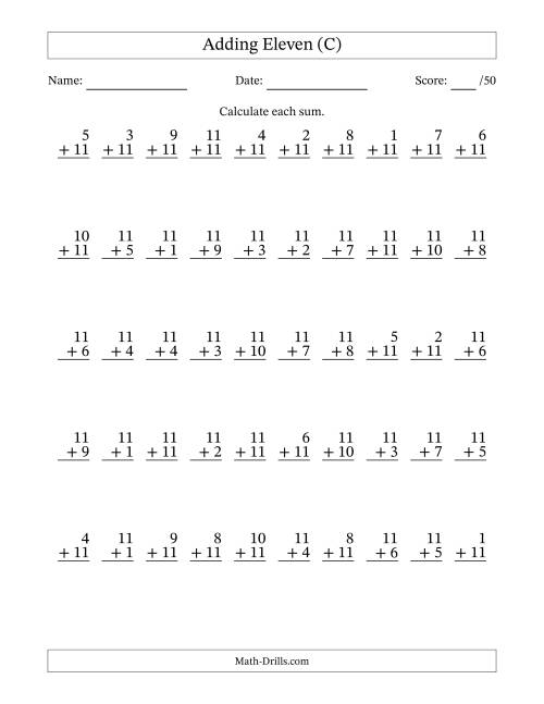 The Adding Eleven With The Other Addend From 1 to 11 – 50 Questions (C) Math Worksheet