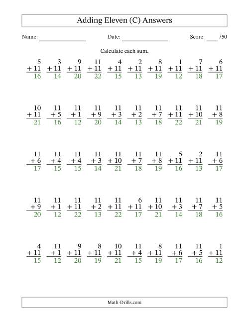 The Adding Eleven With The Other Addend From 1 to 11 – 50 Questions (C) Math Worksheet Page 2