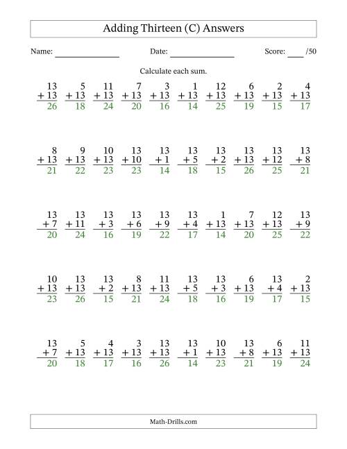 The 50 Vertical Adding Thirteens Questions (C) Math Worksheet Page 2