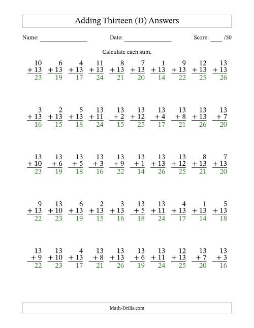 The 50 Vertical Adding Thirteens Questions (D) Math Worksheet Page 2