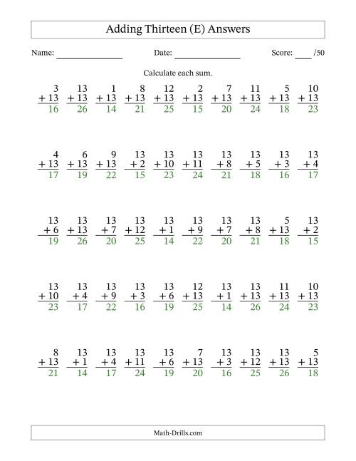 The 50 Vertical Adding Thirteens Questions (E) Math Worksheet Page 2
