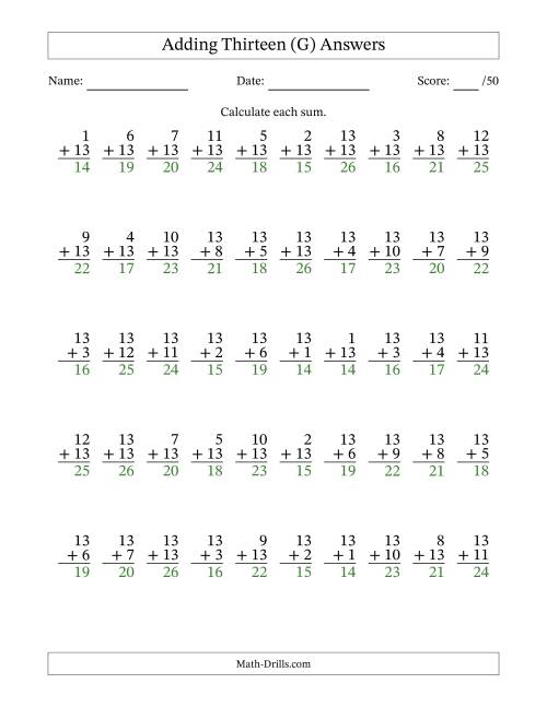 The 50 Vertical Adding Thirteens Questions (G) Math Worksheet Page 2