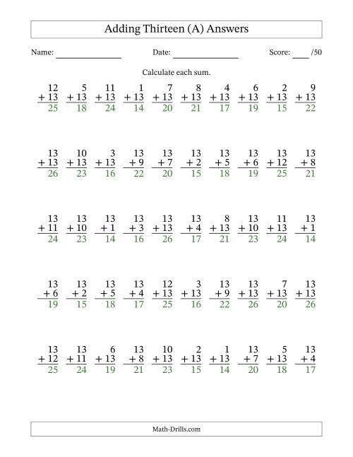 The 50 Vertical Adding Thirteens Questions (All) Math Worksheet Page 2
