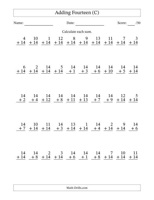 The Adding Fourteen With The Other Addend From 1 to 14 – 50 Questions (C) Math Worksheet