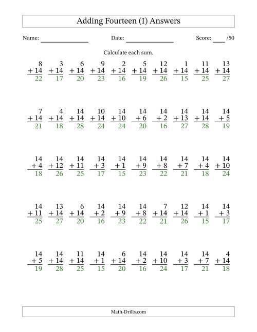 50 Vertical Adding Fourteens Questions (I)