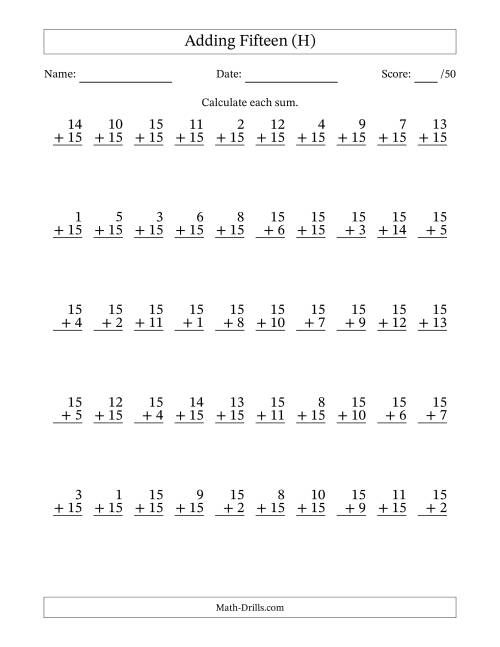 50 Vertical Adding Fifteens Questions (H)