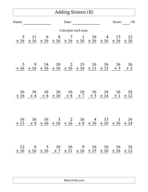 The Adding Sixteen With The Other Addend From 1 to 16 – 50 Questions (B) Math Worksheet