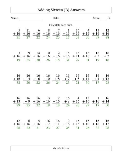 The Adding Sixteen With The Other Addend From 1 to 16 – 50 Questions (B) Math Worksheet Page 2