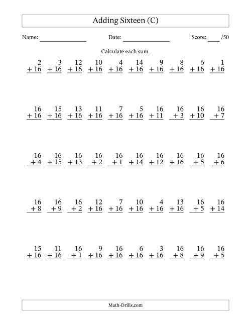 The Adding Sixteen With The Other Addend From 1 to 16 – 50 Questions (C) Math Worksheet