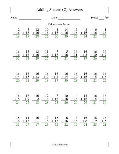 The Adding Sixteen With The Other Addend From 1 to 16 – 50 Questions (C) Math Worksheet Page 2