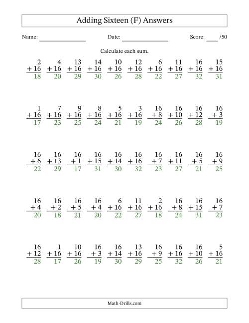The Adding Sixteen With The Other Addend From 1 to 16 – 50 Questions (F) Math Worksheet Page 2