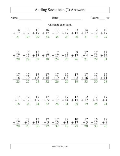 50 Vertical Adding Seventeens Questions (J)