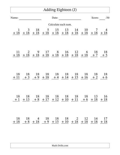 The Adding Eighteen With The Other Addend From 1 to 18 – 50 Questions (J) Math Worksheet
