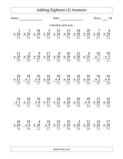 The 50 Vertical Adding Eighteens Questions (J) Math Worksheet Page 2