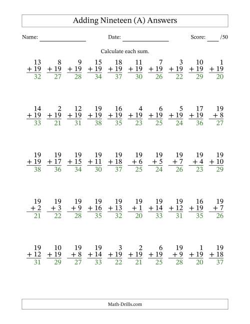 Adding Nineteen With The Other Addend From 1 to 19 – 50 Questions (A)