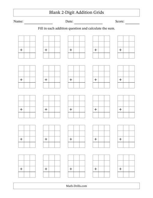 The Blank Addition Grids for 2-Digit Numbers Math Worksheet